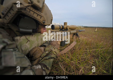 Un membre des Forces spéciales de l'armée une semi-automatique M110 Système de sniper sur gamme d'Eglin en Floride,30 octobre 2013. Hurlburt Field instructeurs formés de membres de l'armée lors d'une tactique spéciale d'exercices de formation. Banque D'Images