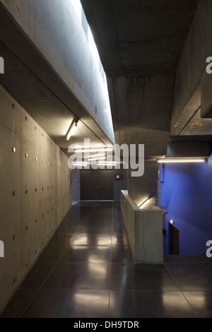 Centre de Congrès Lamot, Mechelen, Belgique. Architecte : 51N4E, 2005. Les murs en béton et un escalier à l'étage supérieur avec peint bleu Banque D'Images