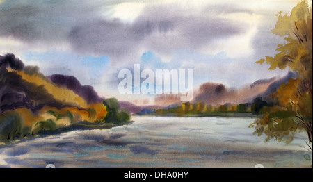 Paysage d'automne avec lac de montagne peint par aquarelle Banque D'Images