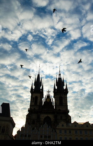 L'église de la Mère de Dieu avant (Tyn Eglise Notre Dame de Tyn avant) au coucher du soleil. Prague, République Tchèque Banque D'Images