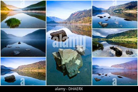 Collage de sept images montrant différentes vues sur le lac Supérieur à Glendalough, République d'Irlande Banque D'Images