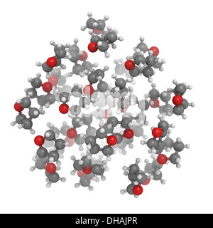 Le tétrahydrofurane (THF) molécules, modèle sphère liquide. Utilisé comme solvant chimique et à faire des plastiques. Banque D'Images