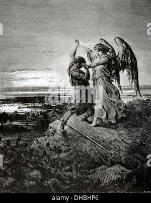 Jacob lutte avec l'ange. Gravure par Laplante. La Bible en images par Gustave Dore. 19e siècle. Banque D'Images