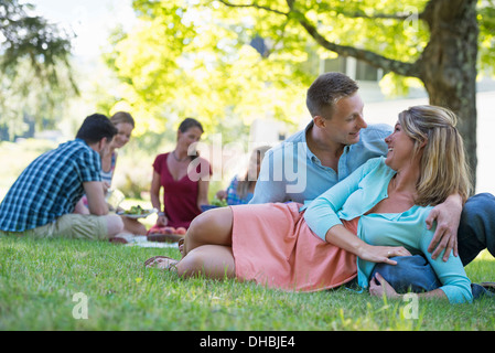 Un groupe d'adultes et d'enfants assis sur l'herbe à l'ombre d'un arbre. Une partie de la famille. Banque D'Images