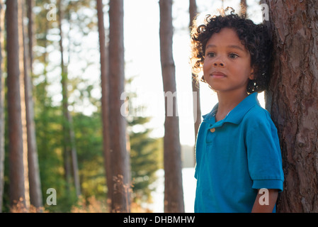 Des arbres sur les rives d'un lac. Un enfant debout parmi les arbres. Banque D'Images