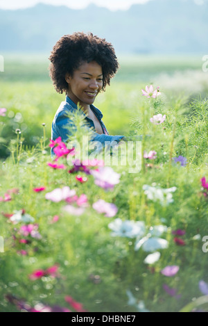 Une femme debout parmi les fleurs qui poussent dans les champs. Banque D'Images