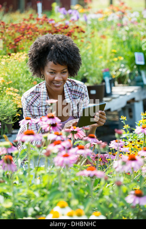Une femme dans une pépinière entourée de plantes à fleurs et feuillage vert. Banque D'Images