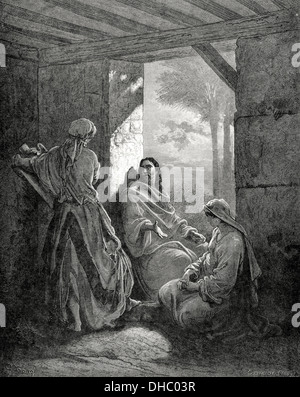 Nouveau Testament. Evangile de Luc, Chapitre X. Jésus dans la maison de Marthe et Marie. La gravure. Banque D'Images