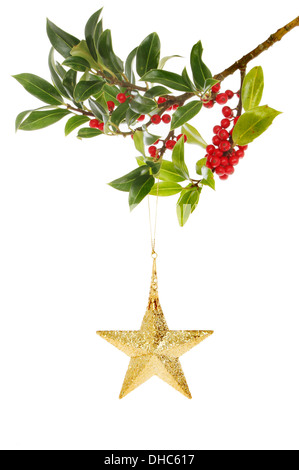 Gold Star décoration de Noël suspendu à une branche de houx avec fruits rouges mûrs Banque D'Images