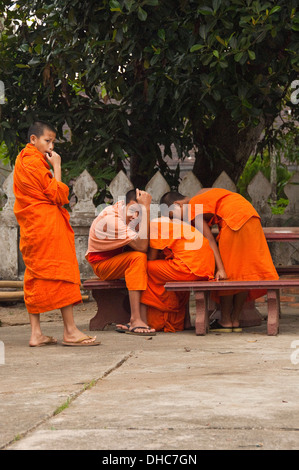 Portrait vertical de jeunes moines bouddhistes d'écouter de la musique sur un lecteur MP3 à leur temple de Luang Prabang. Banque D'Images