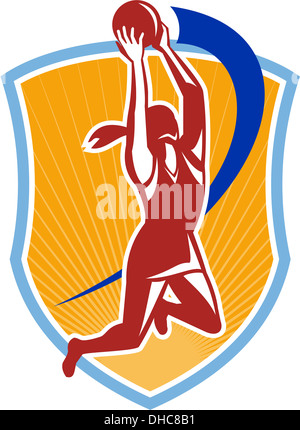 Illustration d'un joueur de balle rebondissant netball capture situé dans le bouclier sur fond blanc isolé. Banque D'Images