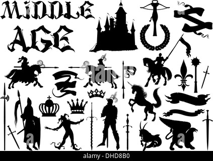 Silhouettes et des icônes sur le thème médiéval Banque D'Images
