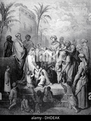 Nouveau Testament. Évangile de Marc. Chapitre X. Jésus bénissant les enfants. La gravure. Banque D'Images