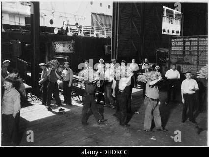 Les débardeurs de New York sont représentés en utilisant la méthode typique de transfert des bananes des navires au quai. Cette image reflète les opérations portuaires industrielles de l'époque. Banque D'Images