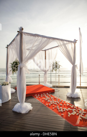 Configuration de salle de mariage fleurs rouge couloir décor décoration coucher de tissu blanc structure carré tapis de cérémonie Banque D'Images