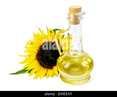 L'huile végétale dans une carafe en verre avec un tournesol isolé sur fond blanc Banque D'Images