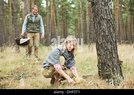 Couple à la recherche de champignons en forêt Banque D'Images