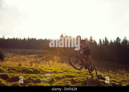 Young man mountain biking, Styrie, Autriche Banque D'Images