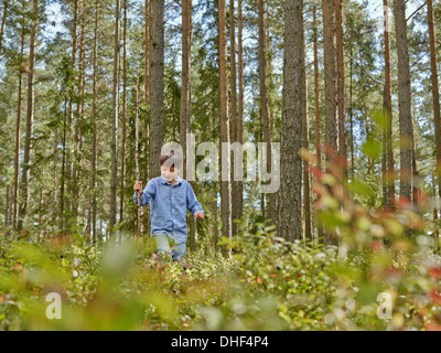 Boy walking through forest exerçant son stick Banque D'Images