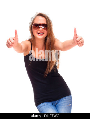 Portrait of a Young Girl with Sunglasses showing Thumbs up Sign Banque D'Images