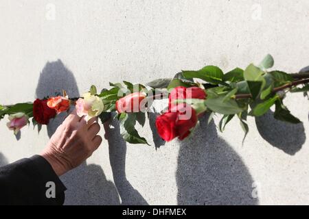 Berlin, Allemagne. 09Th Nov, 2013. Roses coincé dans un fossé du mémorial du mur de Berlin à Berlin, Allemagne, 09 novembre 2013. Photo : STEPHANIE PILICK/dpa/Alamy Live News Banque D'Images