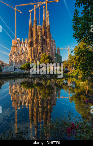 L'église Sagrada Familia reflétée dans un étang, Barcelone, Catalogne, Espagne Banque D'Images