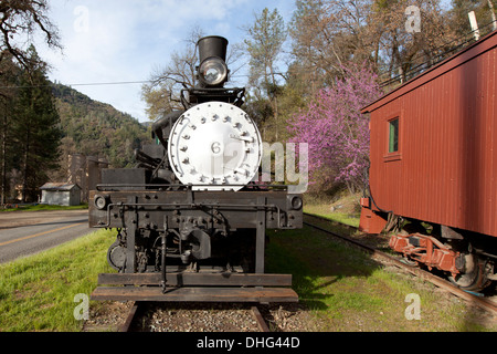 Locomotive Shay n° 6 et d'un fourgon de transport n° 15, El Portal Transportation Museum, Foresta Road, El Portal, Californie, USA. Banque D'Images