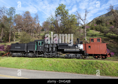 Locomotive Shay n° 6 et d'un fourgon de transport n° 15, El Portal Transportation Museum, Foresta Road, El Portal, Californie, USA. Banque D'Images