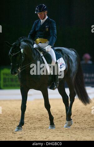 Melbourne, Australie. Nov 9, 2013. HEATH Ryan de l'Australie reconnaît les juges au cours de l'être l'Influence Equestrian Grand Final - CDI-W style libre. Salon Equitana Sydney est un jour quatre sports équestres salon avec des chevaux, des médaillés olympiques, des enseignants de renommée mondiale, Aussie cowboys, une élite equine programme de compétition, et des centaines d'exposants. © Tom Griffiths/ZUMA/ZUMAPRESS.com/Alamy fil Live News Banque D'Images