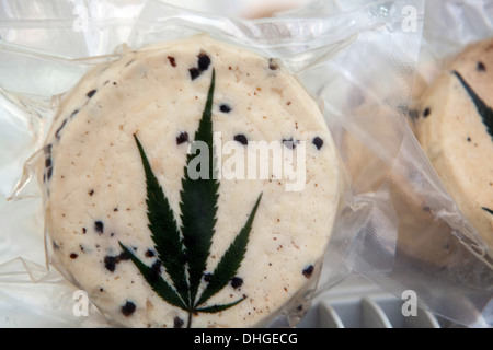 Emballé sous vide de fromage de brebis, décoré de feuilles de chanvre, République Tchèque Banque D'Images