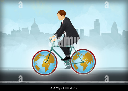 Image d'illustration de businessman riding bicycle avec pneus globe représentant global business travel Banque D'Images