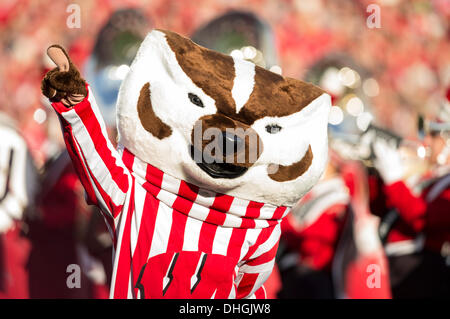 Madison, Wisconsin, USA. Nov 9, 2013. 9 novembre 2013 : blaireau Bucky s'exécute sur le terrain avant le début de la NCAA Football match entre les BYU Cougars et le Wisconsin Badgers au Camp Randall Stadium à Madison, WI. Le Wisconsin a défait BYU POIGNÉÉS 27 17/32 po. John Fisher/CSM/Alamy Live News Banque D'Images