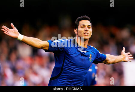 Valence, Espagne. 10 nov., 2013. Javi Guerra avant de Real Valladolid célèbre après avoir marqué son premier but de l'équipe au cours de l'espagnol La Liga match entre Valence et Real Valladolid du stade Mestalla. Credit : Action Plus Sport/Alamy Live News Banque D'Images