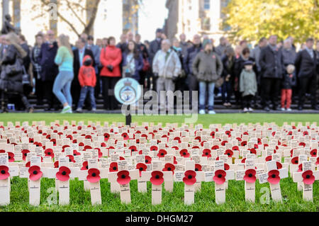 Belfast, Irlande du Nord. 10 Nov 2013 - croix de bois sont disposés dans le jardin du souvenir à Belfast pour commémorer les soldats tués dans l'exercice de leurs fonctions Banque D'Images