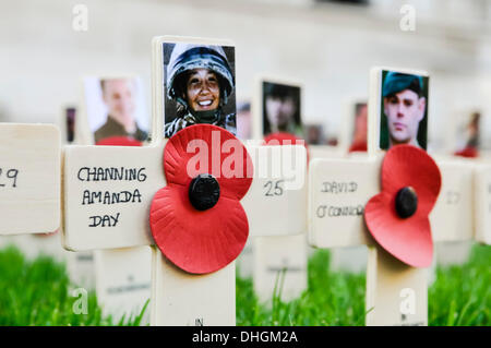 Belfast, Irlande du Nord. 10 Nov 2013 - croix de bois dans le jardin du souvenir à Belfast pour commémorer les Caporaux Channing jour et David O'Connor, tués dans une attaque en Afghanistan en service actif en octobre 2012. Banque D'Images