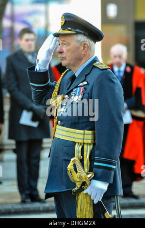 Belfast, Irlande du Nord. 10 Nov 2013 - Le Vice-maréchal de l'air M David Niven (retraité) CB CBE BSc ADC FRAeS RAF de la Royal Air Force saluts après dépôt d'une couronne à la cérémonie du souvenir. Banque D'Images