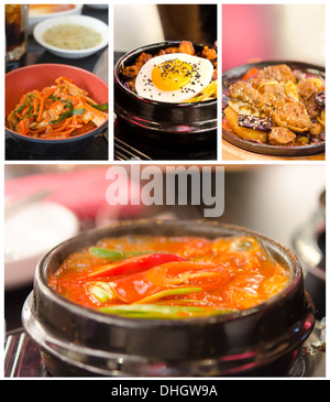 Collage à partir de photographies de la cuisine coréenne (kimchi chigae, jim dak, bibimbap, kimchi) Banque D'Images