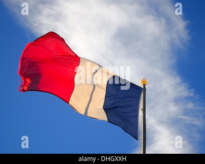 Le drapeau français ( tricolore français) dans le vent contre un ciel bleu avec des nuages blancs Banque D'Images