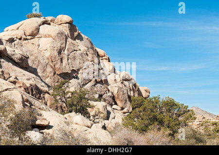 La Californie, Joshua Tree National Park, Hidden Valley Trail, des grimpeurs Banque D'Images