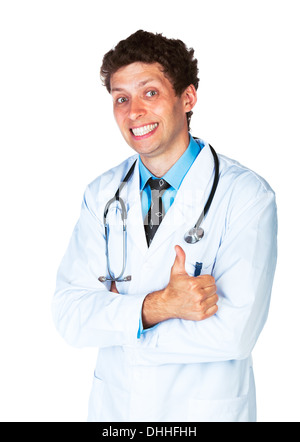 Portrait of a male doctor avec doigt vers le haut sur fond blanc Banque D'Images