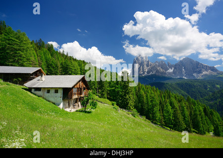 Ferme en face de Langkofel, Val Gardena, Dolomites, site du patrimoine mondial de l'UNESCO, Dolomites Tyrol du Sud, Italie Banque D'Images