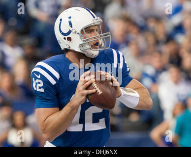 Indianapolis, IN, USA. 10 nov., 2013. 10 novembre 2013 : Indianapolis Colts quarterback Andrew Luck (12) revient à passer au cours de la NFL match entre la Saint Louis Rams et les Indianapolis Colts au Lucas Oil Stadium à Indianapolis, IN. Les Saint Louis Rams défait les Indianapolis Colts 38-8. © csm/Alamy Live News Banque D'Images