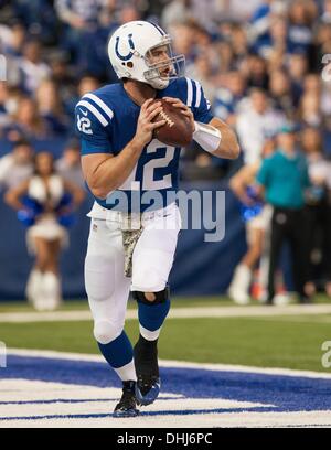 Indianapolis, IN, USA. 10 nov., 2013. 10 novembre 2013 : Indianapolis Colts quarterback Andrew Luck (12) a l'air d'adopter au cours de la NFL match entre la Saint Louis Rams et les Indianapolis Colts au Lucas Oil Stadium à Indianapolis, IN. Les Saint Louis Rams défait les Indianapolis Colts 38-8. © csm/Alamy Live News Banque D'Images