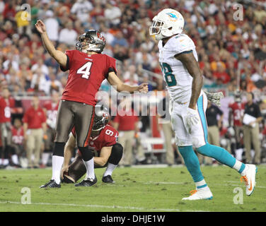 Tampa, Floride, USA. 11Th Nov, 2013. BRENDAN FITTERER | fois.Tampa Bay Buccaneers kicker Rian Lindell (4) montres son premier trimestre domaine objectif par les montants au cours de la Tampa Bay Buccaneers vs Miami Dolphins chez Raymond James Stadium lundi soir. Credit : Brendan Fitterer/Tampa Bay Times/ZUMAPRESS.com/Alamy Live News Banque D'Images