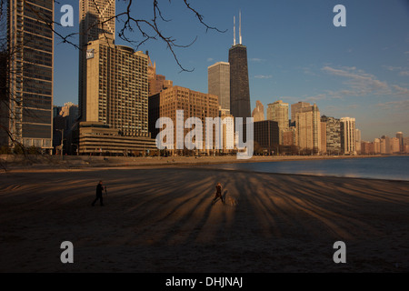 Horizon de Chicago à partir de la rive du lac Michigan à l'aube, les ombres des arbres et des chiffres sur la plage Banque D'Images