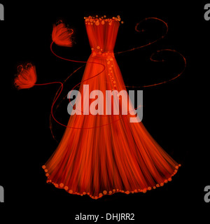 Soirée robe rouge sur un fond noir. L'illustration de mode. Style abstrait. Banque D'Images