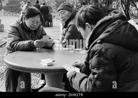 Les hommes chinois cartes à jouer dans un parc de Shanghai Banque D'Images