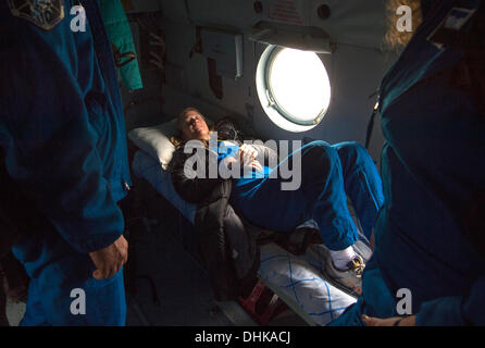 Le Kazakhstan. 11 novembre 2013. L'expédition 37 de la Station spatiale internationale ingénieur de vol de la NASA Karen Nyberg repose sur le tour en hélicoptère après son atterrissage dans le vaisseau Soyouz TMA-09M dans une région éloignée, le 11 novembre 2013 à Karaganda, au Kazakhstan. Nyberg, commandant de l'Expédition 37 Fyodor Yurchikhin de l'Agence spatiale fédérale russe et l'italien Luca Parmitano ingénieur de vol sont revenus sur Terre après cinq mois et demi sur la Station spatiale internationale. Credit : Planetpix/Alamy Live News Banque D'Images