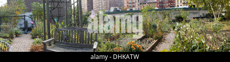 Un jardin communautaire préparé pour l'hiver prochain dans le quartier de Chelsea, New York City Banque D'Images