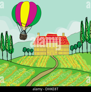 Paysage de fantaisie avec des ballons à air chaud Banque D'Images